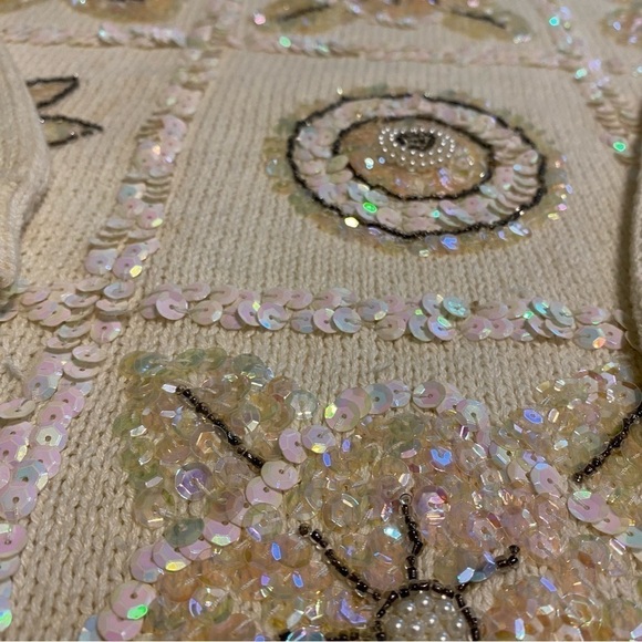 Vintage Work In Progress Ivory Sequin Beaded Cotton Blend Crewneck Sweater, M - Picture 3 of 10